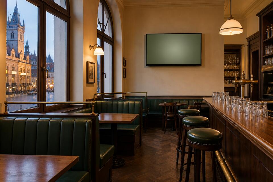 Prázdný sportovní bar se stoly, tmavým dřevem a teplým osvětlením