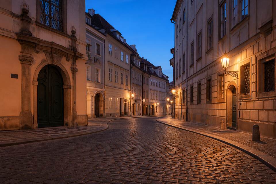 Historická ulice v Česku, prázdná a bez reklamních značek